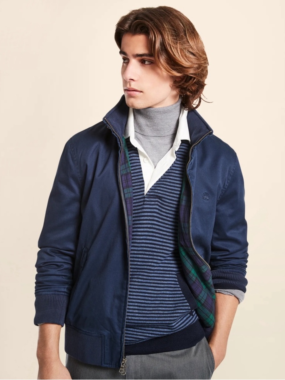 Brooks Brothers Navy Bomber Jacket with Plaid Trim